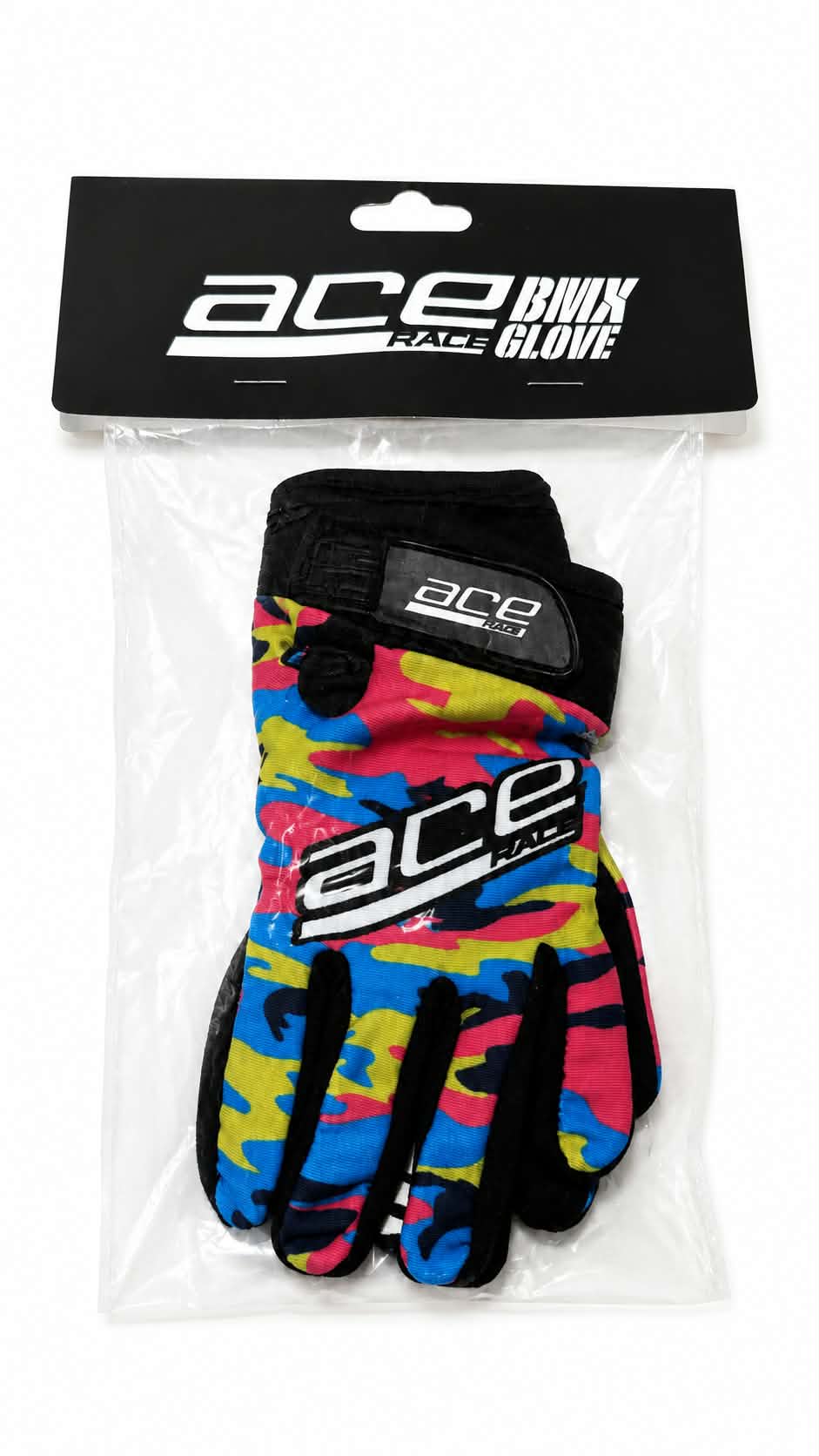 ACE BMX Racing Gloves Pink, Blue Yellow Black Camo Design